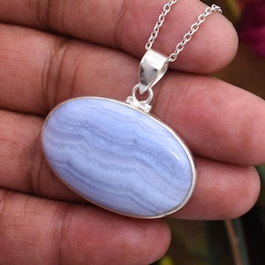 Natural Blue Lace Agate Gemstone Pendant, 925 Sterling Silver Pendant, Handmade Blue Lace Jewelry Pendant, Solid Silver Pendant For Gift