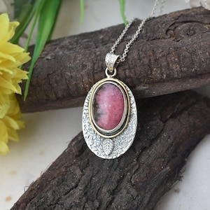 Top Grade Natural Rhodonite Leaf Pendant, 925 Sterling Silver, Rhodonite Pendant Necklace for Christmas Gift, Women&#39;s Jewelry, Gift for Her