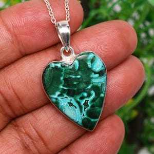 Natural Azurite Malachite Pendant Necklace, Handmade Boho Necklace, Gemstone Jewelry, Green Stone Necklace, Heart Shape, Birthday Gift