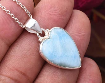 Collar con colgante de corazón de larimar natural, joyería hecha a mano, collar con colgante de plata de ley 925, joyería bohemia, regalo para ella
