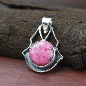 Top Grade HandMade Rhodonite Necklace, Natural Rhodonite Pendant,925 Sterling Silver Necklace, Gemstone Pendant, Jewelry Gift for Her