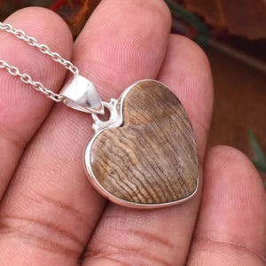 Natürliches versteinertes Holz Anhänger Halskette, 925 Sterling Silber, handgemachter Silber Schmuck, Kristall Silber Schmuck, Herz versteinertes Holz Anhänger Geschenk