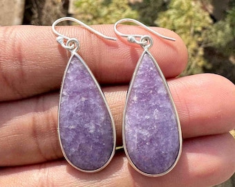 Lepidolite Earrings, Natural Gemstone Earrings, 925 Sterling Silver Handmade Dangle Earrings, Christmas Gift for Women