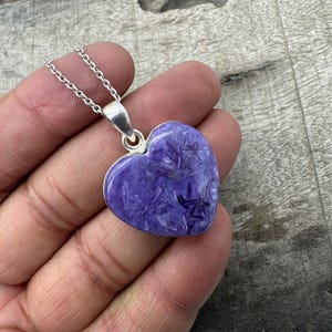 Heart Charoite Pendant Necklace, Natural Charoite Necklace, Sterling Silver Necklace, Handmade Silver Charoite Jewelry, Gift for her