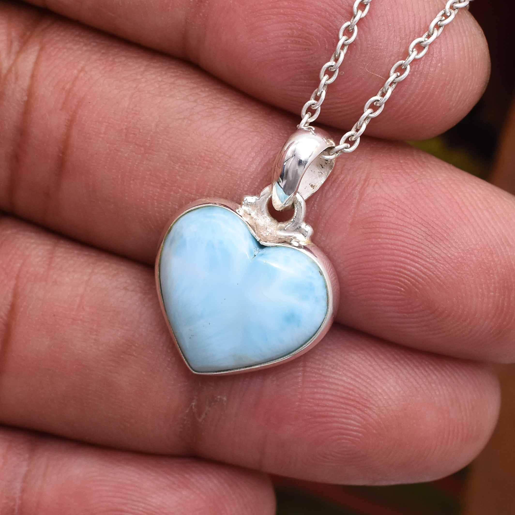 Natural Larimar Heart Pendant Necklace, Handmade Jewelry Pendant, 925 Sterling Silver Pendant Necklace, Boho Pendant Jewelry, Gift For Her