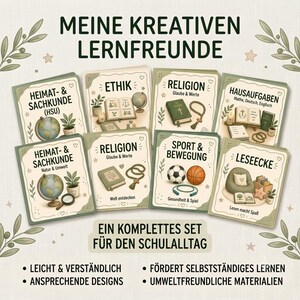 May include: A set of eight educational cards titled MEINE KREATIVEN LERNFREUNDE, featuring illustrations for subjects like ETHIK, RELIGION, HAUSAUFGABEN, SPORT & BEWEGUNG, and LESEECKE. Each card displays thematic icons like globes, books, and sports balls.