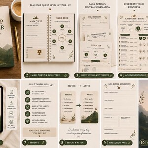 May include: A Level Up Planner featuring a beige cover with a mountain landscape illustration, crown icon, and text. The planner includes pages for main quests, skill trees, daily missions, weekly challenges, XP trackers, and achievement boards.