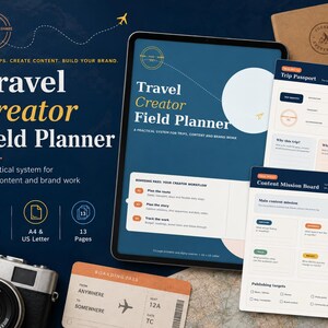 May include: A digital Travel Creator Field Planner displayed on a tablet screen, accompanied by printed pages titled Trip Passport and Content Mission Board. The set includes a camera, a boarding pass, and a notebook, all featuring travel-themed graphics.