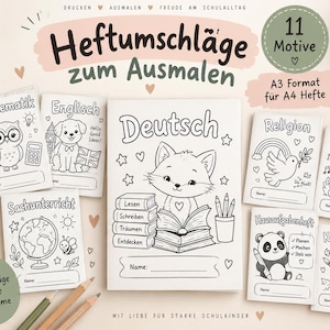 Puede incluir: Un conjunto de once portadas de cuaderno para colorear con diseños de líneas en blanco y negro para asignaturas escolares como matemáticas, inglés, alemán, religión, música y ciencias, cada una con un espacio para escribir un nombre.