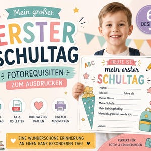 May include: A printable sign for the first day of school featuring colorful text and graphics including a pencil, a backpack, and a school cone. The sign includes blank lines for a child to fill in their name, age, grade, school, hobbies, and future career.