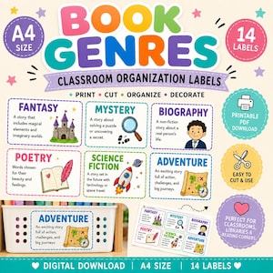 Peut inclure: Une feuille de téléchargement numérique de 14 étiquettes d'organisation de classe pour les genres littéraires, avec du texte coloré et des illustrations pour la fantasy, le mystère, la biographie, la poésie, la science-fiction et l'aventure.
