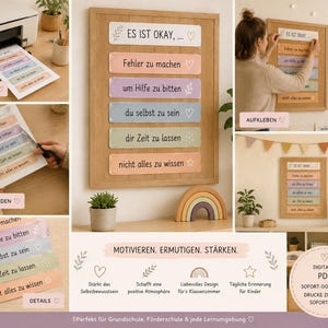 Könnte beinhalten: Ein digitales, ausdruckbares Wandkunst-Set bestehend aus sechs pastellfarbenen, rechteckigen Streifen mit dem deutschen Text: ES IST OKAY, Fehler zu machen, um Hilfe zu bitten, du selbst zu sein, dir Zeit zu lassen und nicht alles zu wissen.