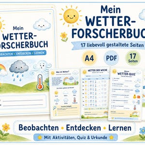 Peut inclure: Un livre d'activités météo numérique intitulé Mein Wetter-Forscherbuch comprenant 17 pages au format A4. La couverture et les pages intérieures présentent des illustrations à l'aquarelle d'un soleil, de nuages, d'un arc-en-ciel et d'un thermomètre.