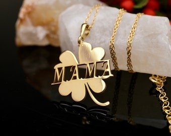 14k Solid Gold & Silver Optionen: Personalisierte 'Mama' Kleeblatt-Charm-Halskette, perfektes Muttertagsgeschenk, personalisiertes ideales Haustier-Mama-Geschenk