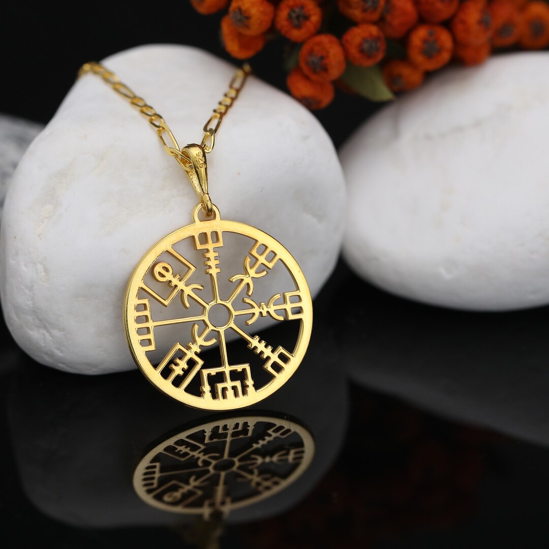 14k Solid Gold Viking Compass Necklace, Personalized Viking Compass Pendant, Veg Visir Pendant