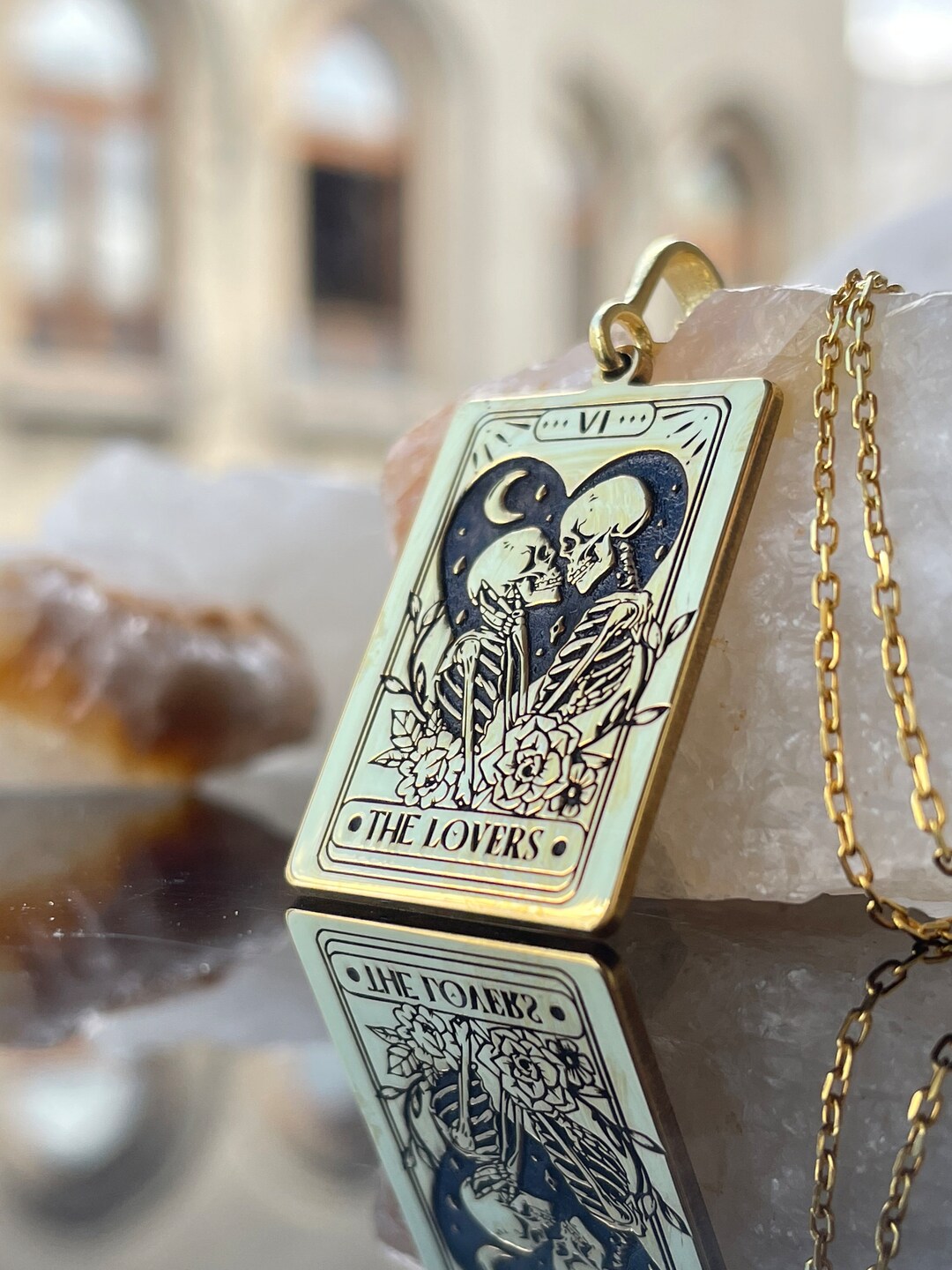 14K Solid Gold the Lovers Tarot Card Pendant, Tarot Reading Rectangle
