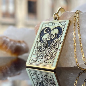 14K Solid Gold The Lovers Tarot Card Pendant, Tarot Reading Rectangle Charm, Gold Tarot Lovers Jewelry, Personalized Tarot Card Necklace