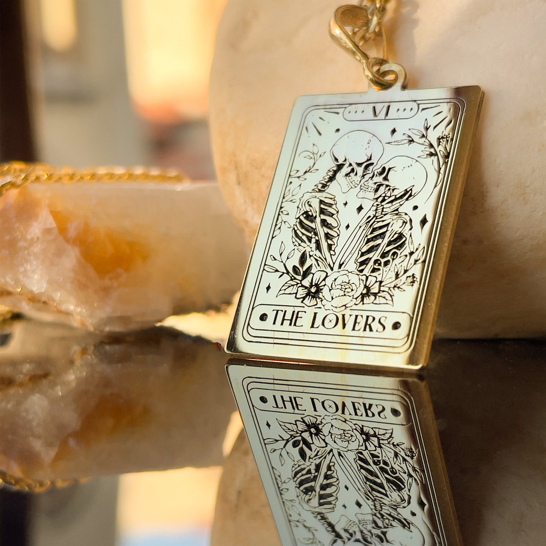14K Solid Gold the Lovers Tarot Card Pendant, Tarot Reading Rectangle