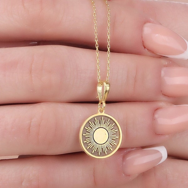 14K Solid Gold Sun Necklace, Gold Sunburst Necklace, Dainty Sun Disc Jewelry For Women, Layered Sun Pendant, Personalized Sun Charm