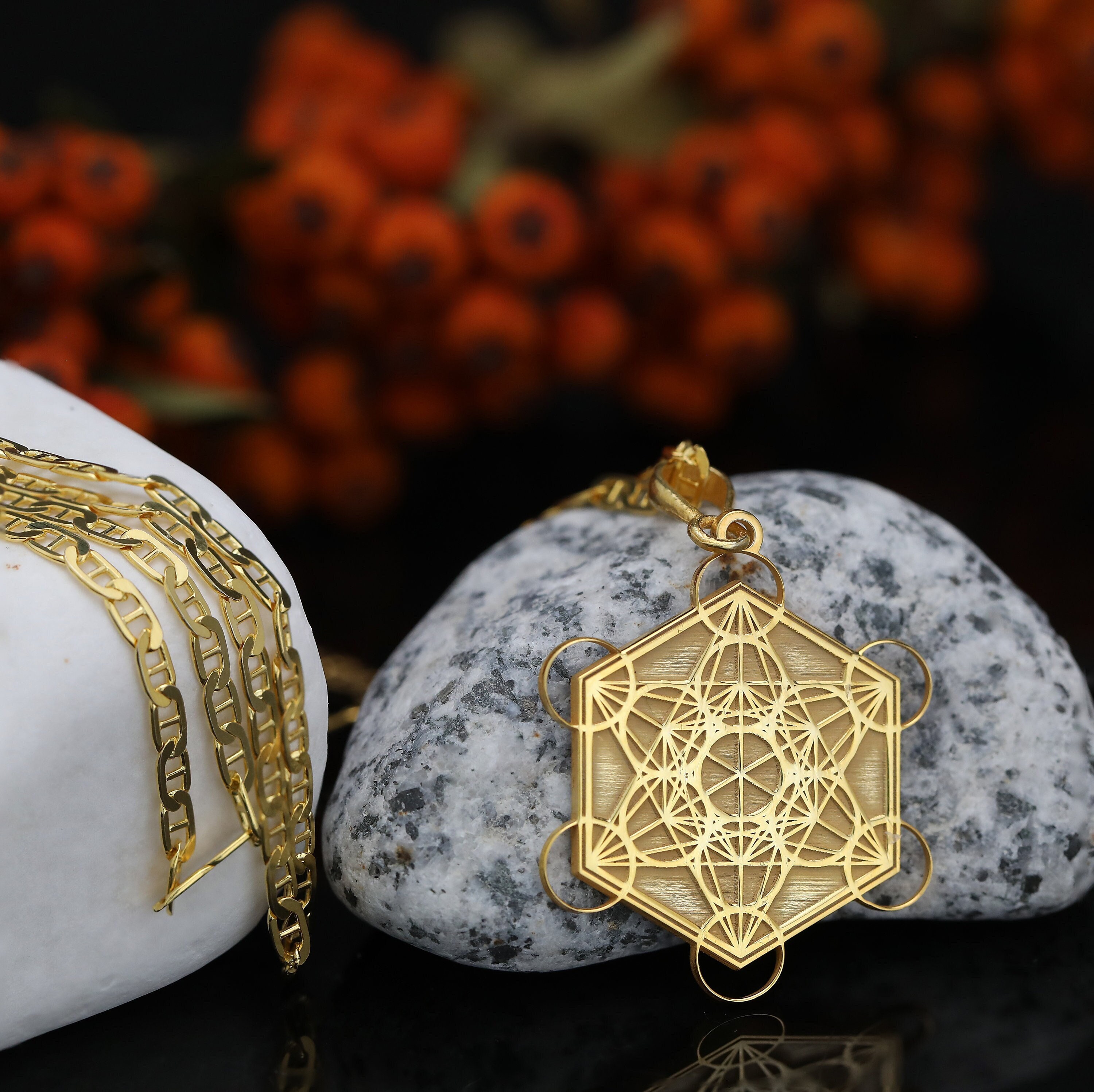 14k Solid Gold Metatron Necklace Metatron Cube Pendant Etsy