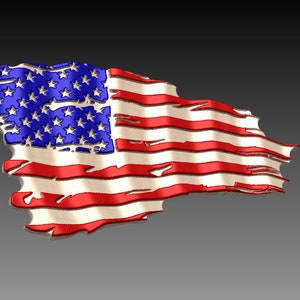 May include: A tattered American flag with red and white stripes and blue stars. The flag is waving in the wind.