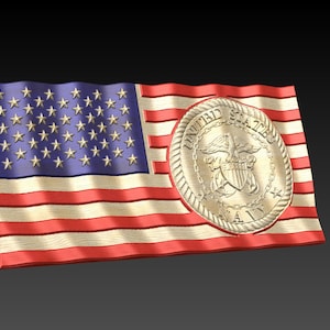 May include: A wooden American flag with a gold-colored United States Navy seal in the center. The flag is waving in the wind.