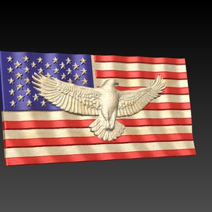 May include: A white eagle with wings spread wide is carved into a wooden American flag. The flag is red, white, and blue with a wood grain texture.