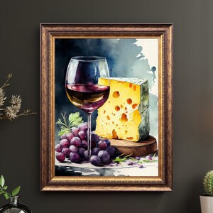 Peut inclure: Une peinture à l'aquarelle d'un verre de vin rouge, un morceau de fromage suisse et une grappe de raisin violet. La peinture est encadrée d'un cadre doré.