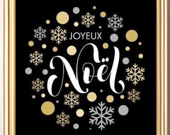 Printed Poster MERRY CHRISTMAS Premium, End of Year Holidays, Wall Decoration, Snowflakes, Poster Print, Illustration, Golden Decoration