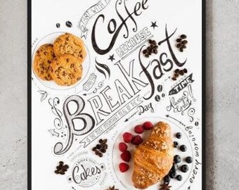 Premium Coffee & Breakfast Printed Poster, Croissant/Cookies Illustration, Zen Decor, Coffee Break, Expresso Poster, Positive Print