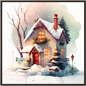 Póster de Navidad - Maisonette & Snowy Landscape, Decoración de pared para las celebraciones de fin de año, Arte/Impresión, Póster de nieve