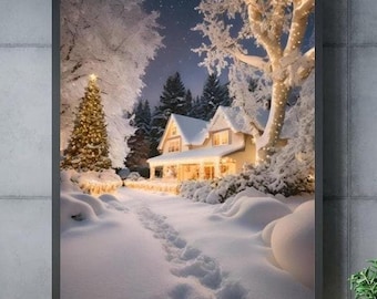 Può includere: Una stampa incorniciata di un paesaggio invernale con una casa innevata con finestre illuminate e un albero di Natale. La scena è circondata da alberi innevati e un sentiero di impronte che conduce alla casa. La stampa è esposta su una superficie di legno.