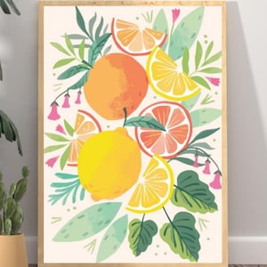 Cartel impreso de limones y naranjas - Arte floral y de frutas, impresión de arte de moda, arte mural botánico, cartel de flores coloridas