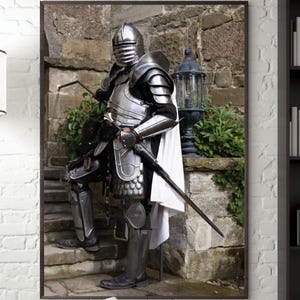 Cartel impreso Caballero medieval con su armadura, historia, arte de pared antiguo, impresión de la Edad Media, ilustración de la antigüedad