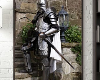 Cartel impreso Caballero medieval con su armadura, historia, arte de pared antiguo, impresión de la Edad Media, ilustración de la antigüedad
