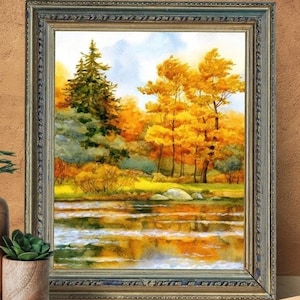 Poster di alta qualità con stampa di paesaggio autunnale, poster in stile acquerello, decorazione da parete arancione e giallo, illustrazione di natura/alberi/prato/fiume