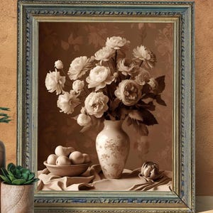 Cartel Digital Maceta de Flores Sépia, Arte de Pared, Decoración Campestre, Impresión Floral Retro, Decoración Bohemia, A2: 42 x 59,4cm