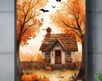 Póster impreso en tamaño A3 de primera calidad: escena de Halloween y otoño, arte mural, ilustración, póster otoño, decoración para fiestas
