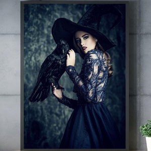 Cartel de impresión de WITCH & RAVEN, impresión de Halloween, cartel gótico, arte Halloween, arte de pared oscura, decoración de Halloween