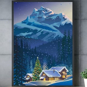 CHALETS y SNOWY MOUNTAIN Poster Premium, Póster de Navidad, Póster de Paisaje, Arte, Celebraciones de fin de año, Póster de Navidad
