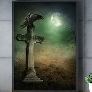 Cartel impreso de HORROR - Cuervo y tumba, impresión de Halloween, cementerio, cartel gótico, arte de pared oscura, decoración de Halloween