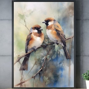 AVES en una rama Cartel impreso, Cartel de animales estilo acuarela, Arte de pared de vida silvestre, Ilustración de la naturaleza, animal