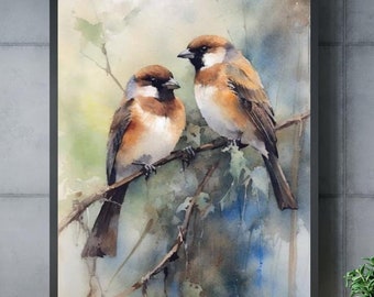 AVES en una rama Cartel impreso, Cartel de animales estilo acuarela, Arte de pared de vida silvestre, Ilustración de la naturaleza, animal