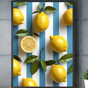 Cartel Digital de Limones sobre un Fondo de Rayas Azules y Blancas, Impresión de arte de moda, Póster botánico, Formato A2: 42 x 59,4 cm