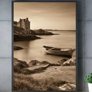 Cartel Digital Paisaje Sépia, Póster Océano, Arte Murales, Impresión Edificio, Acantilados, Mar, Barco, Decoración Natural, A2: 42 x 59,4 cm