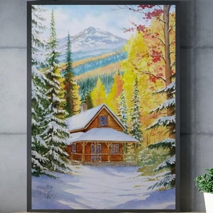 Póster de impresión de montaña nevada premium, póster de paisaje de estilo acuarela, arte de pared de la naturaleza, ilustración de invierno