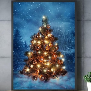 Póster impreso ÁRBOL DE NAVIDAD, Vacaciones de fin de año, Póster de invierno, Impresión de montaña nevada, Arte de pared, Ilustración nieve