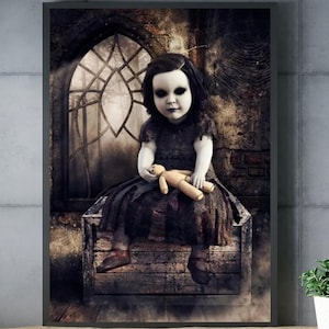 Cartel de impresión de HORROR premium, niña, muñeca, cartel gótico, arte de pared oscura, impresión de terror, arte de Halloween, decoración