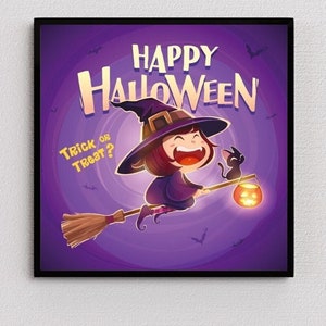 Cartel Premium HAPPY HALLOWEEN, Truco o Trato, Bruja de Halloween, Calabaza, Gato Negro, Arte de pared, Decoración de Halloween, 6 Formatos