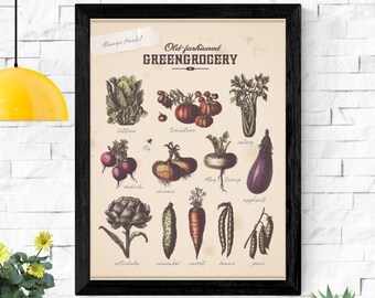 Cartel de verduras vintage premium, decoración interior botánica, cartel de plantas, decoración de cocina, regalo de cumpleaños
